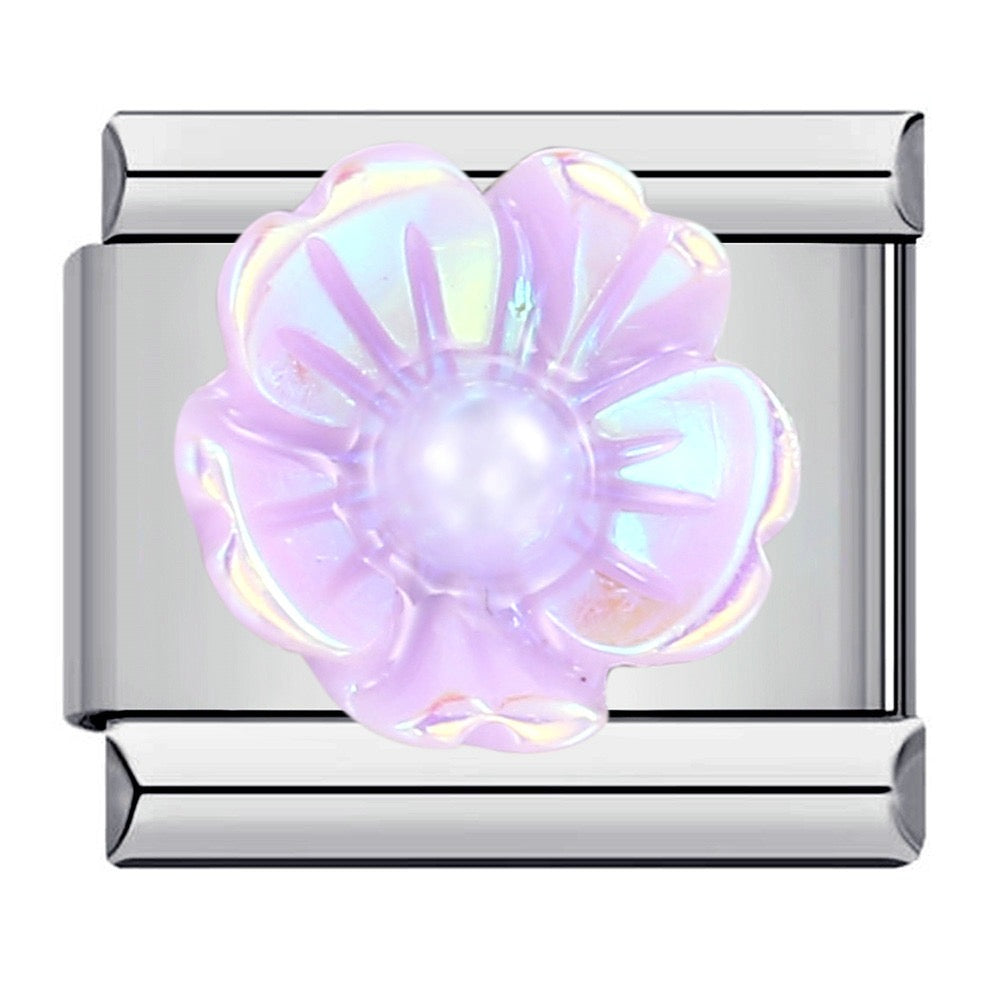 Purple 3D Flower Italian Charm Italian charm bracelet link in stainless steel