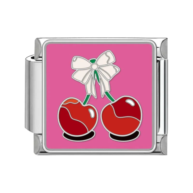 White Bow Cherry Italian Charm Italian charm bracelet link in stainless steel
