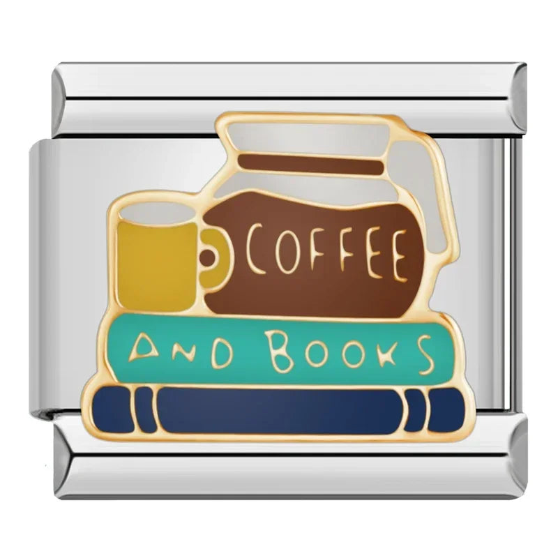 Coffee & Books Italian Charm Italian charm bracelet link in stainless steel