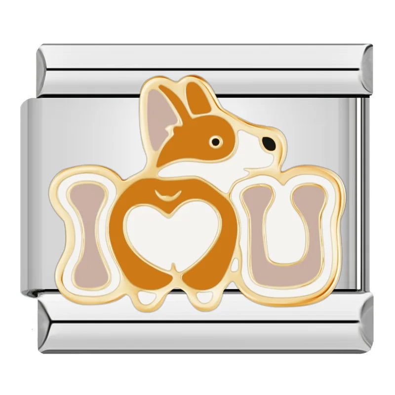 I Love U Corgi Italian Charm Italian charm bracelet link in stainless steel
