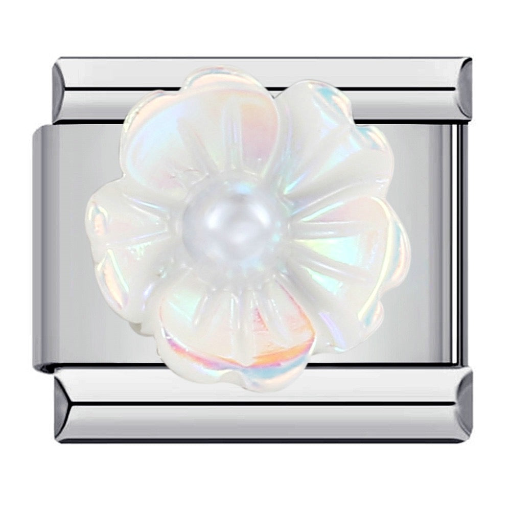 White 3D Flower Italian Charm Italian charm bracelet link in stainless steel